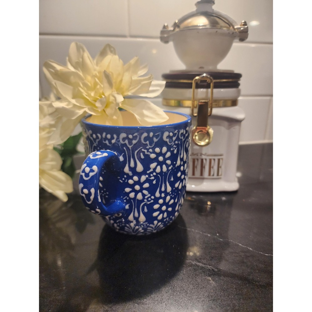 Hand Painted Turkish Coffee Mug Cobalt Blue Floral Ceramic Cup Iznik Style